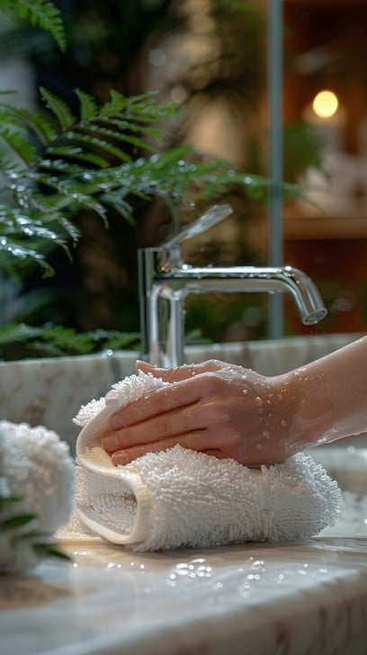 A series of close-up images demonstrating the cleaning process: hand-washing in a basin.
