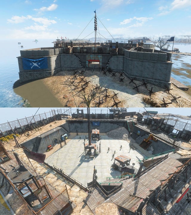 Settlements under attack by raiders, with settlements showcasing defensive structures (walls, guard towers, automated turrets) and intense combat encounters.