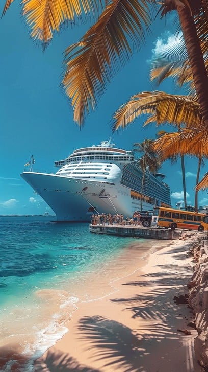 Luxury cruise ship sailing on a calm ocean at sunset