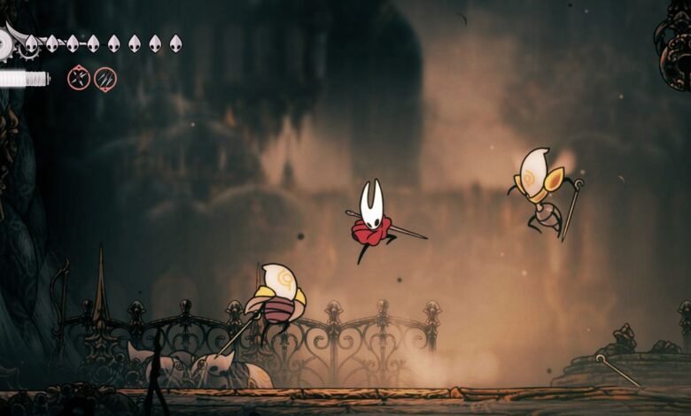 A split-screen image comparing a scene from Hollow Knight with a similar scene from Hollow Knight: Silksong, emphasizing the evolution of the art style while retaining its core aesthetic, reflecting a grounded perspective on the game's progress.