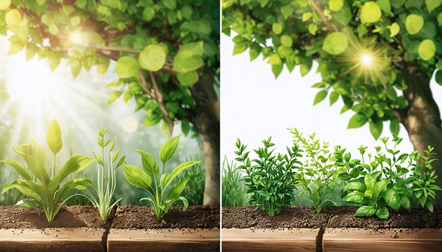 An image depicting a companion planting mistake (e.g., overgrown plants competing for sunlight). Use slightly muted colors and a more documentary-style approach. Style: Realistic, cautionary.