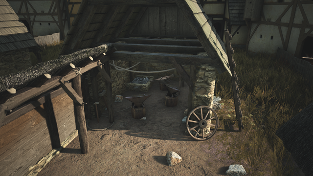A detailed view of a workshop in Manor Lords, showcasing the blacksmithing animations and the crafting of tools essential for the settlement's growth and productivity.