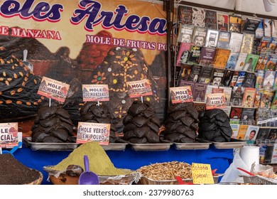 Dona Elena, a mole vendor at Mercado 20 de Noviembre, surrounded by her array of mole pastes.