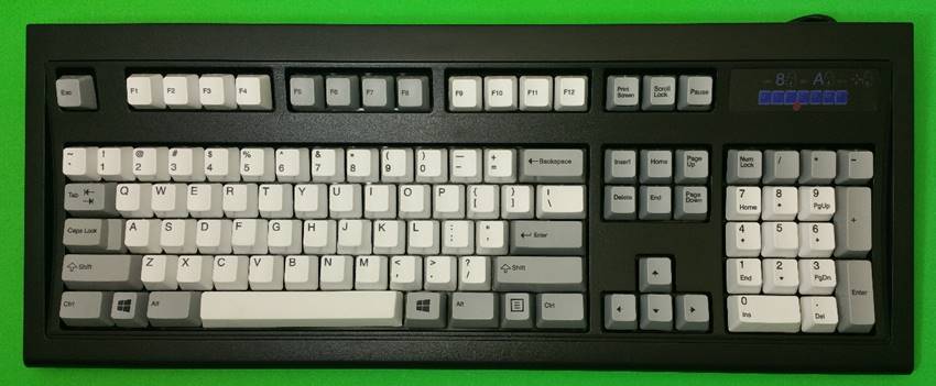 Close-up of a Unicomp Model M or Das Keyboard Model S Professional keyboard, focusing on the keycaps and build quality.