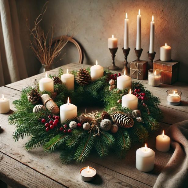 Detail shot of a diffuser releasing essential oil mist near the cranberry garlands. Soft, diffused lighting. Focus on the natural elements: wood, cranberries, essential oil bottle.