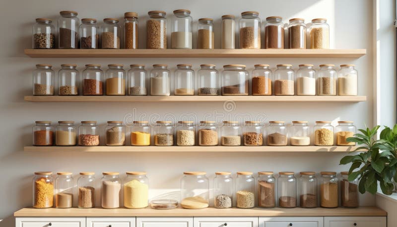 Rows of jars filled with assorted preserved and canned foods