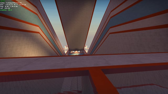 Action shot of a skilled player surfing on surf_utopia in Counter-Strike: Source. Capture the player in mid-air, performing a complex maneuver. The background should be slightly blurred to emphasize the sense of speed. Add a sense of motion and energy.