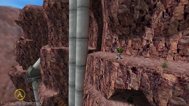 A screenshot from Surface Tension Uncut in Black Mesa Definitive Edition showcasing improved lighting and shadow detail in a military base area.