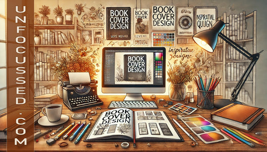 A writer designing book cover art with sketches and tools
