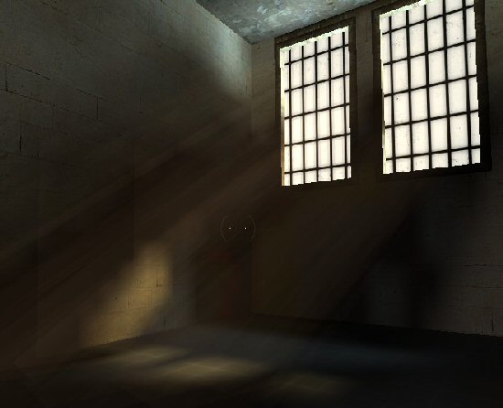 A view of a dark interior space with a door, implying potential mystery and intrigue within the game.