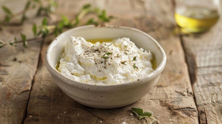 A bowl of freshly made soft goat cheese, showcasing its creamy texture and pristine white color, alongside a scoop of homemade compost.