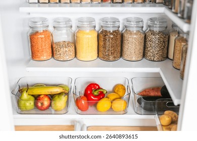 Small organized pantry with matching clear containers