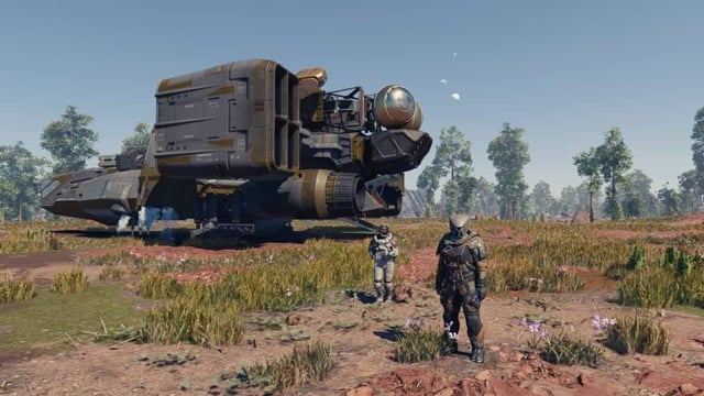 The player's customized ship soars through space, with a vibrant nebula and other celestial bodies in the background. This image showcases the visual appeal of the ship customization and the beauty of the game's space environments.