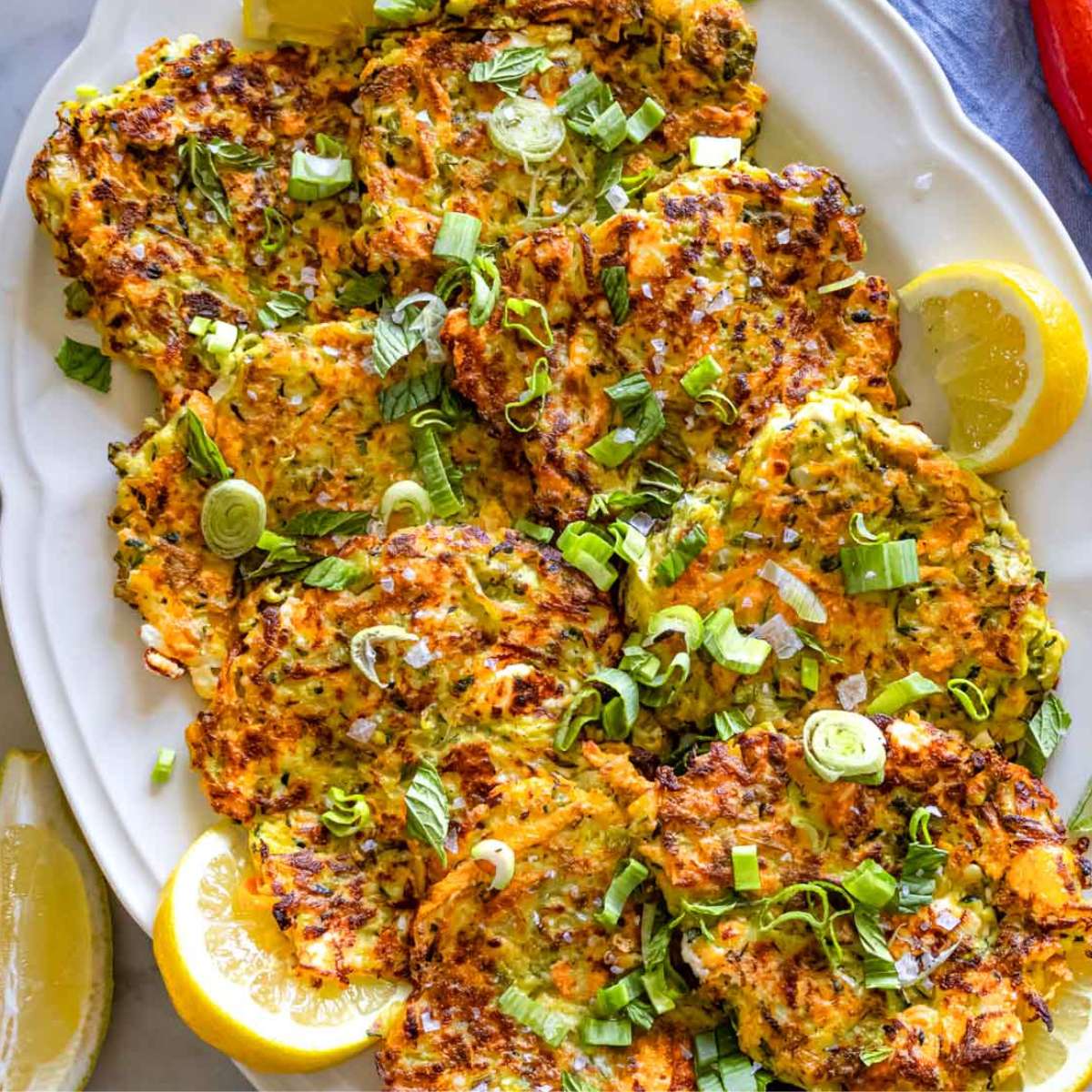 close up crispy zucchini corn fritters