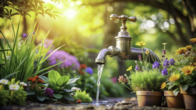 A close-up of a garden tap, emphasizing the eco-friendly aspect of using collected rainwater