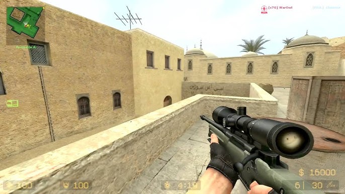 Counter-Strike Source, de_dust2, T player aiming down long A, CT player peeking from A site, dust particles in the air, high detail textures