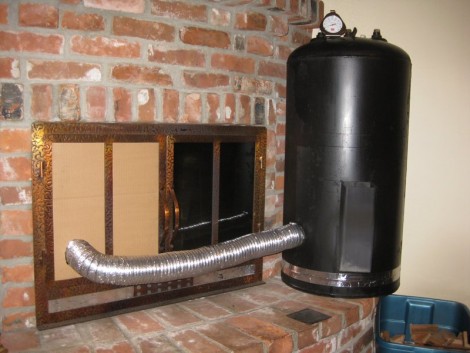 A close-up of the rocket mass heater's firebox in action.
