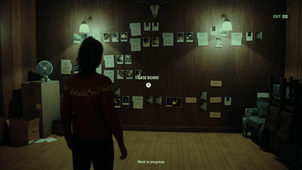 In-game screenshot of Saga Anderson using the 'Case Board' mechanic, showcasing the interface and its functionality.