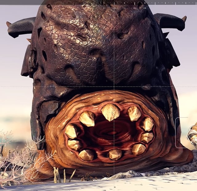 Starfield: A player's ship flies over an alien landscape.