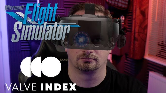 A photograph of the Valve Index or HP Reverb G2 VR headset, along with sim racing/flight gear (Fanatec CSL DD, Thrustmaster HOTAS Warthog), illustrating the complete VR setup and immersive experience.