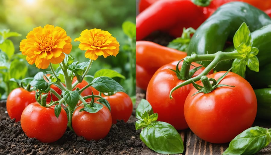split image, one side tomatoes and basil, other side pests on tomatoes