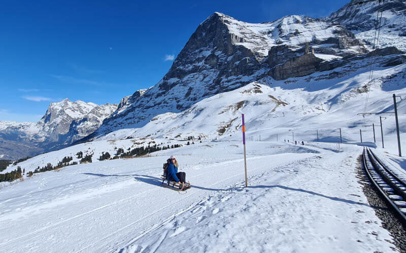 Someone speeding down the Big Pintenfritz toboggan run with the Eiger North Face in the background. Warm, soft light on the snow during golden hour.