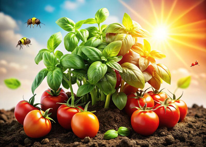 A close-up shot illustrating a classic companion planting pairing (e.g., tomatoes and basil, carrots and onions). Use shallow depth of field to highlight the textures and details of the plants. Soft, diffused lighting to emphasize the natural beauty. Style: Intimate, educational.