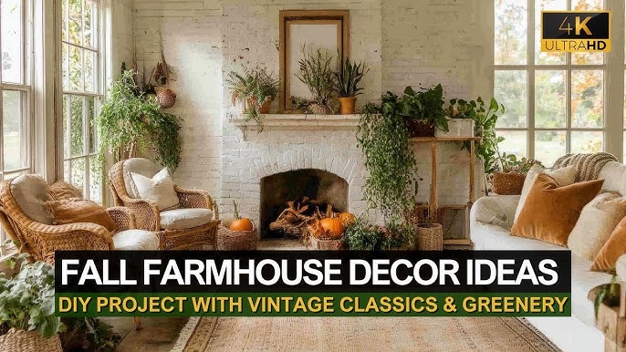 A video still showing a woman decorating a fall mantel with gourds and pumpkins