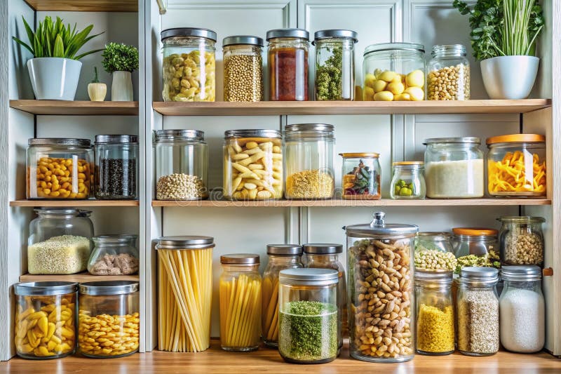 Reusable containers for food storage displayed in a pantry