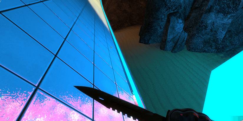 Garry's Mod recreation of the feeling of 'cracking' a surf map, with particle effects to highlight speed and physics. The particles should be bright and vibrant, contrasting with a darker background to create a sense of intense motion. Use a wide-angle lens to capture the full scope of the scene.