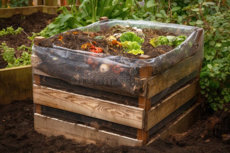 A compost bin showing layers of composting materials.