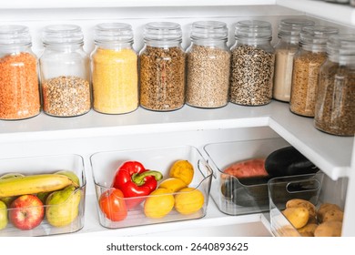 Small organized pantry with matching clear containers