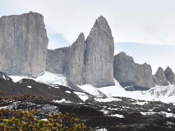 A hiker standing on a hill, looking out at the vast, green landscape and snow-capped mountains of Patagonia.