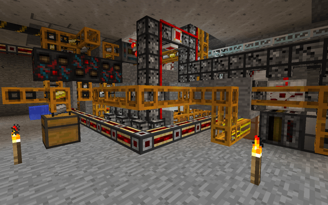 Image showing BuildCraft pipes transporting items in a complex Minecraft setup.