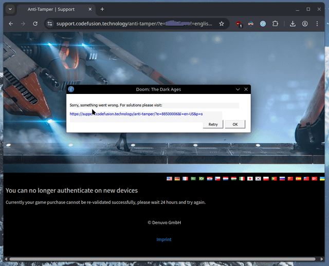 Screenshot of an error screen encountered when attempting to launch a Denuvo-protected game in offline mode, reminding the user of Denuvo's impact on accessibility and ownership