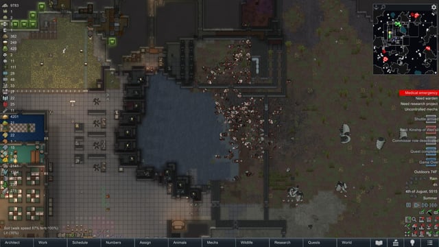 Screenshots of a sprawling RimWorld colony, one