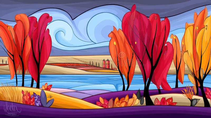 vibrant autumn landscape colorful trees scenic river under artistic sky captures lining serene dramatic
