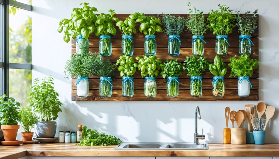 A kitchen herb garden in pots by the window.