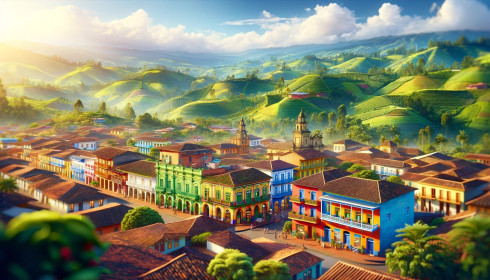 A hyper-realistic image of the town of Salento in Colombia vividly capturing its colorful colonial architecture and the surrounding lush coffee plant