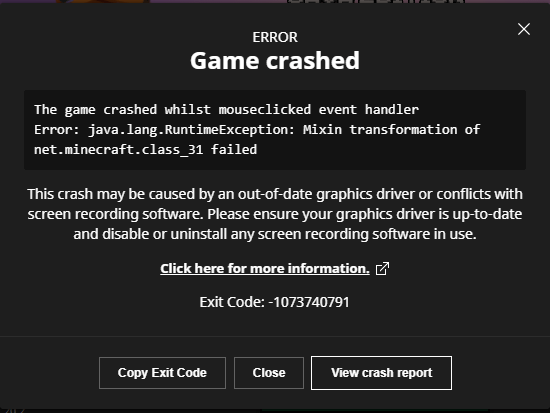 Screenshot of a Minecraft crash report highlighting a mod conflict