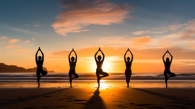 A sunrise over the ocean, bathed in soft golden light, with yoga practitioners silhouetted in the foreground