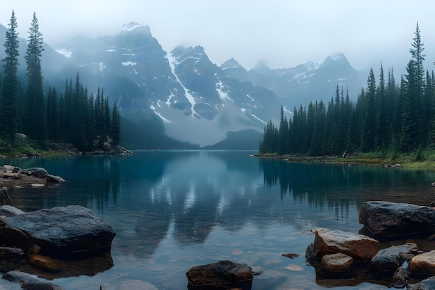 Lake Louise reflecting the surrounding mountains, with a canoe visible on the water, showcasing the serene beauty of the lake and the scale of the peaks.