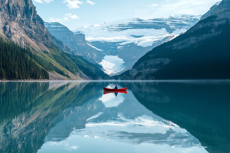Lake Louise with canoes in the water, reflecting the surrounding mountains and glacier. The image captures the vibrant turquoise color of the lake and the majestic scenery, conveying a sense of serenity and adventure.