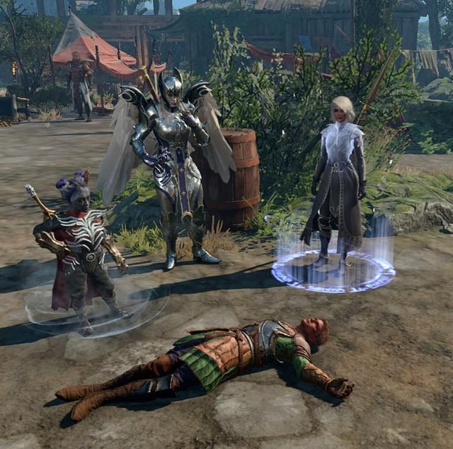 Tactical view of the combat encounter after sparing the Nightsong. Highlight the Paladin's positioning relative to the party, emphasizing the Aura of Protection's coverage. Show Shar's forces engaging the party, with special effects illustrating Divine Smite and other Paladin abilities. Toggle the 