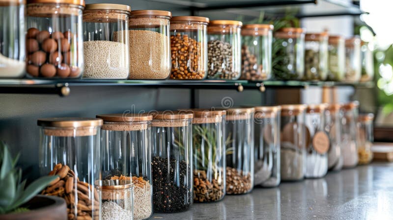 Modern pantry organization with clear glass jars and natural ingredients, beautifully organized and displaying grains and nuts.