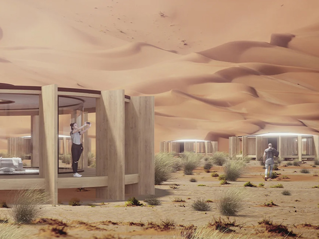 Al Maha at sunset, showcasing the tented accommodations and desert landscape