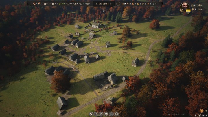 A screenshot showing Manor Lords running on a system equipped with a CPU that does not meet the minimum requirement of an Intel Core i5-4670 or AMD FX-6350. Display the graphics settings (low preset) and a clearly visible frame rate counter in the upper-left corner indicating a frame rate below 20 FPS. The image should visually represent the game's optimization issues and the jarring impact on the gameplay experience on underpowered hardware.