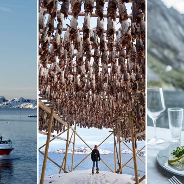A close-up shot of a kayak slicing through the icy water, with the reflection of the mountains visible in the undisturbed surface.