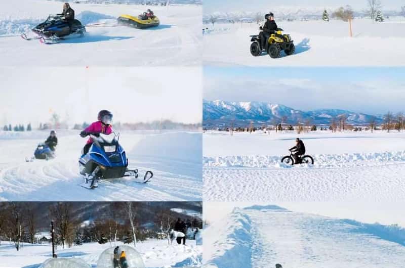 A snowmobile silhouetted against the backdrop of a steaming onsen at sunset in the Shiretoko Peninsula, creating a visually striking contrast of warmth and cold.