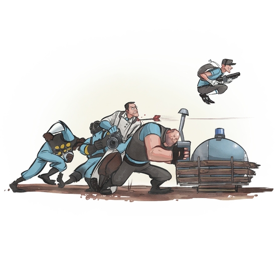 A view of Team Fortress 2 Classic's 'Healer' Class in action, as he is beaming healing to a heavy on the payload.